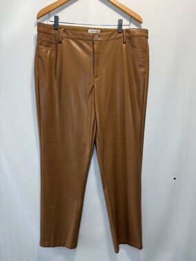 Calvin Klein Womens Cognac Faux Leather Straight-Leg Pants size 14